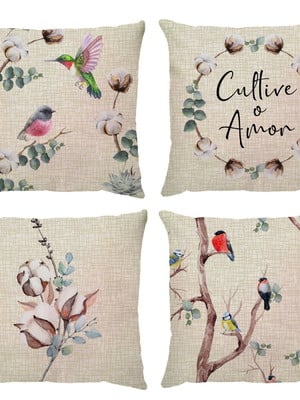 Kit 4 capa almofada decorativa pássaros folhas bege claro