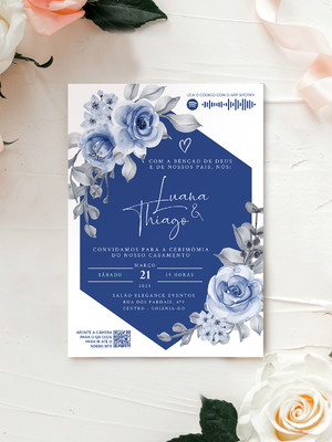 Convite casamento floral navy blue / azul marinho interativo