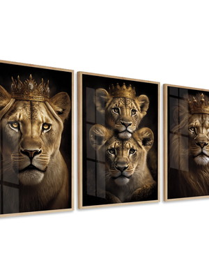 Quadro decorativo rei rainha família de leão com vidro