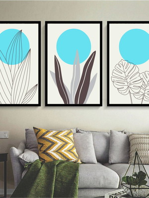 Kit 3 quadros abstrato azul bebe tons azul com molduras