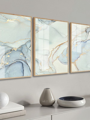 Trio quadros decorativos abstrato gold azul moldura e vidro