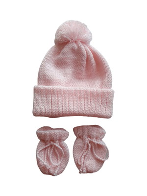 Touca gorro pompom luvinhas bebê rosa claro