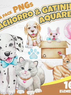 Kit digital png cachorro e gatinho aquarela (pague 1 leve 3)