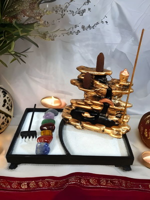 Kit zen retangular com incensario oriental pedras 7 chakras