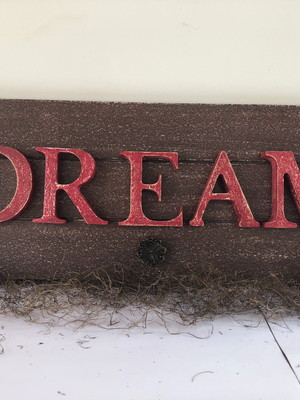 Placa decorativa em madeira envelhecida com a palavra dream