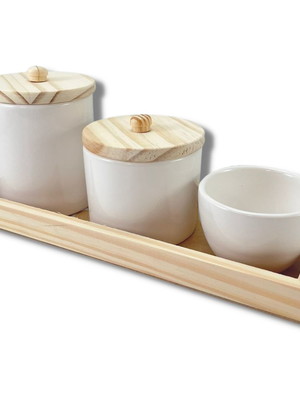 Kit higiene potes de porcelana tampa e bandeja de madeira