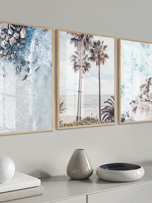 Kit 3 quadros decorativos mar azul coqueiros moldura e vidro