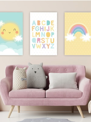Quadros decoração infantil abc colorido 3 peças 20x30cm