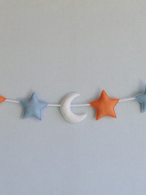 Varal cordão berço bebê mini estrela lua azul laranja feltro