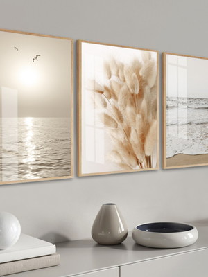 Kit 3 quadros capim dos pampas mar ondas gaivotas com vidros