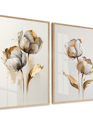 Quadros decorativos flores brancas e douradas moldura vidro