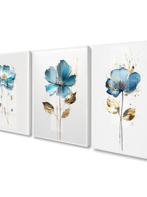Quadro decorativo trio flores azuis gold com vidro e moldura