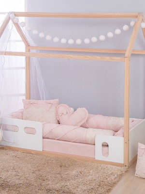 Kit cama montessoriano solteiro menina rose luxo renda