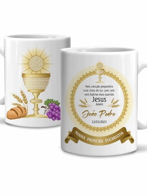 Caneca primeira eucaristia com nome e data em cerâmica 325ml