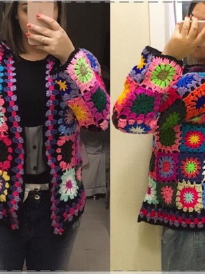 Casaco blazer de crochê lã squares colorido