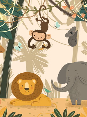 Painel fotográfico infantil animais na selva safari floresta