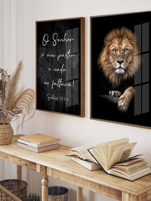 Quadro decorativo frases salmo leão com vidro e moldura