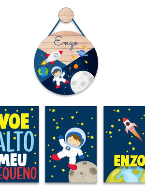 Kit 3 quadros porta maternidade astronauta infantil