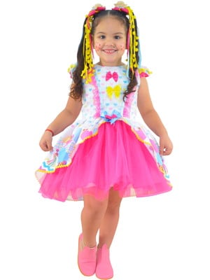 Vestido infantil festa junina são joão quadrilha tule rosa