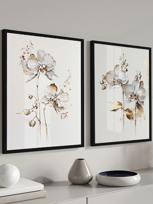 Quadros decorativos flores brancas e douradas moldura vidro