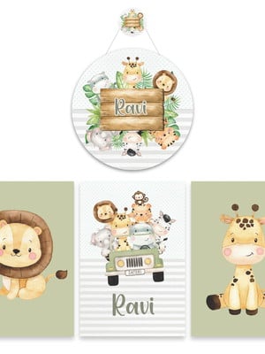 Kit 3 quadros 1 porta maternidade safari menino verde 015