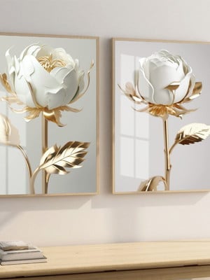 Quadro decorativo flores brancas neutro tons de dourado