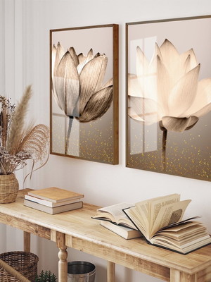 2 quadros flores douradas para sala com molduras