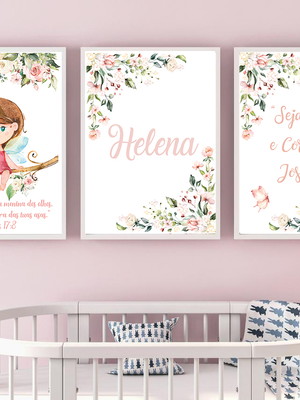 Kit 3 quadros decorativos menina no galho aquarela