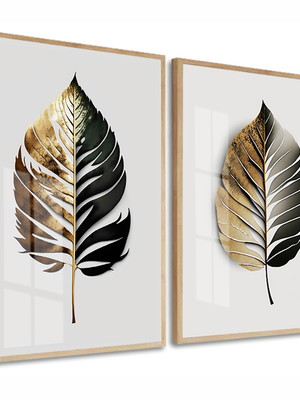 Kit de quadro decorativo folhagem dourado com moldura