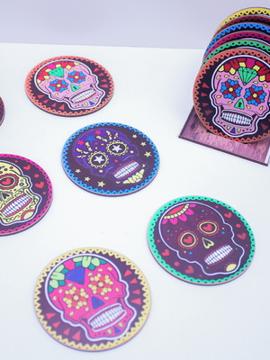 Kit 6 porta copo mdf caveira mexicana com suporte mesa posta
