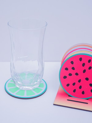 Kit 6 porta copo mdf frutas tropical com suporte mesa posta