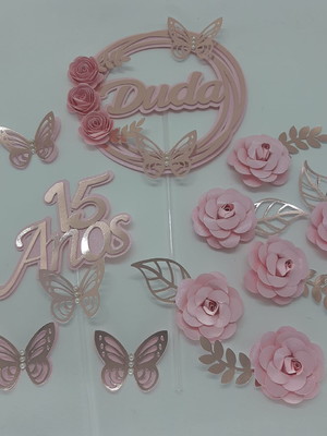 Topper de bolo 15 anos flores personalizado rosa com rose go