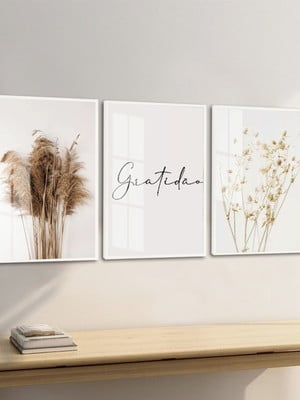 Quadros decorativos folhagem boho gratidão moldura e vidro