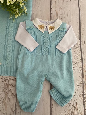 Saída de maternidade menino azul bebê urso tricot 3 peças