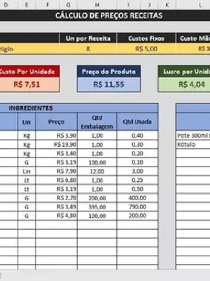 Planilha precificação de receitas