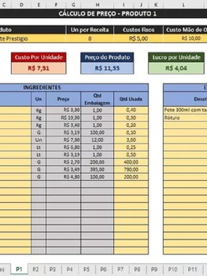 Planilha precificação de receitas - automática