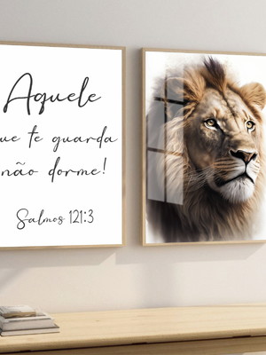 Quadro decorativo leão de judá frases salmo com vidro