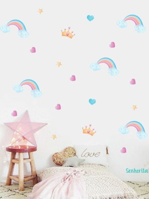 Adesivos de parede arco-íris aquarela corações e coroas