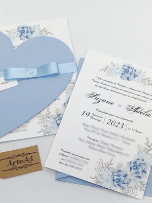 Convite de casamento c/ envelope coração azul serenity