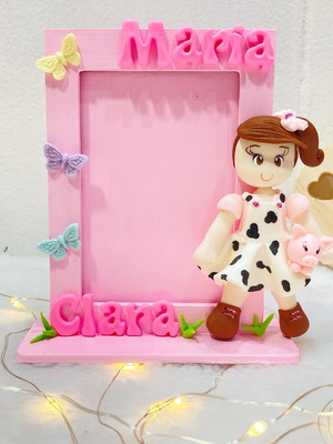 Porta retrato fazendinha de biscuit e mdf 10x8cm