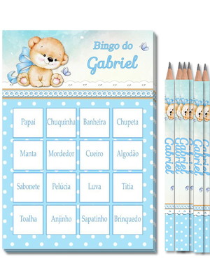 Bingo chá de bebê azul com ursinho - 60 kits