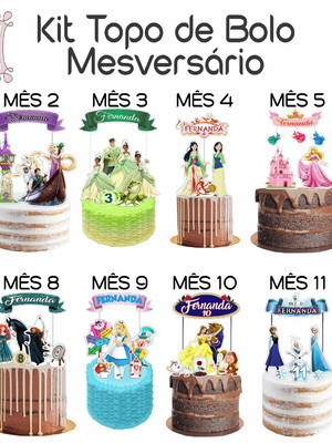 Kit topo de bolo mesversário as princesas