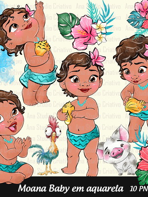Kit digital clipart moana baby em aquarela - 10 pngs