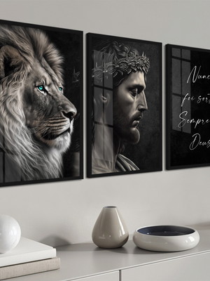 Kit 3 quadros decorativos jesus leão de judá moldura e vidro