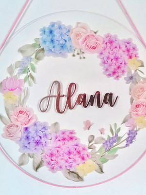 Porta maternidade de acrílico aquarela floral hortencia