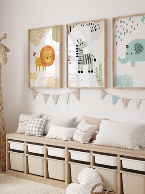 Kit 3 quadros infantil quarto bebe safari filhotes encantado