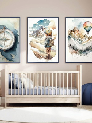 Kit 3 quadros infantil menino aventureiro das montanhas