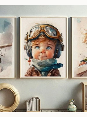 Kit 3 quadros decoração infantil menino aviador