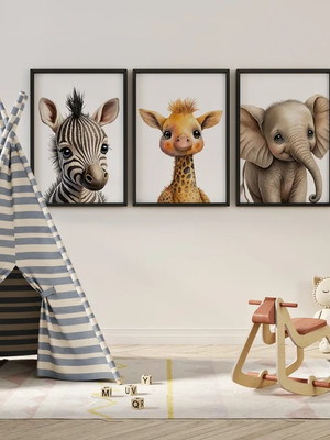Kit 3 quadros decoração infantil filhotes safari encantador