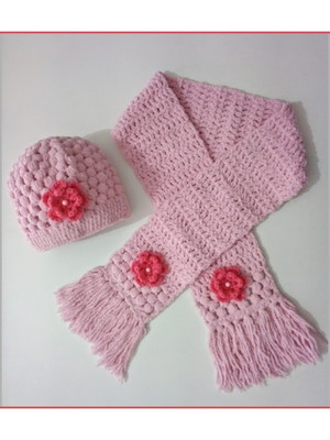 Conjunto touca e cachecol pipocas flor rosa
